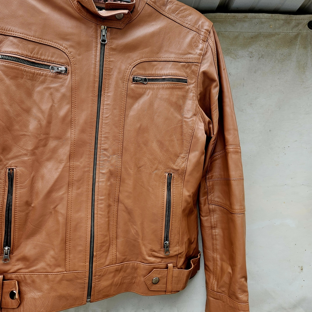 Classic Tan Cognac Supple LAMBSKIN Leather Biker Jacket MOTO size XXL Unisex - Picture 3 of 8